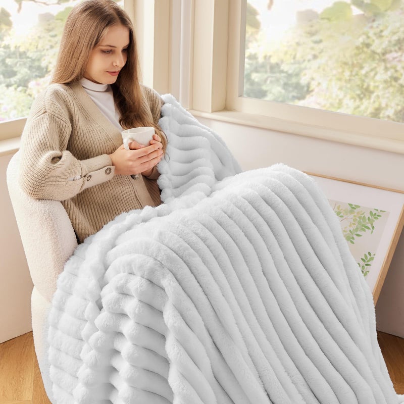 NEWCOSPLAY Super Soft Throw Blanket White Premium Silky Flannel Fleece 3D Ribbed Jacquard Lightweight Bed Blanket All Season Use (White Ribbed  Throw(50""x60"")) - Image 3